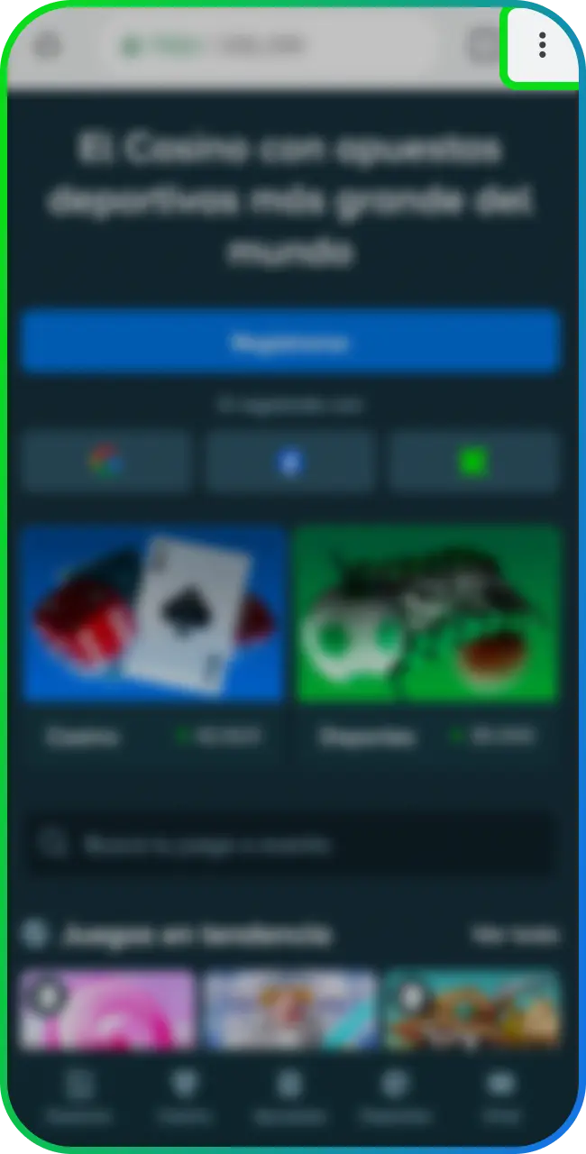 Pulsa los tres puntos del navegador para configurar tu APK de Stake.