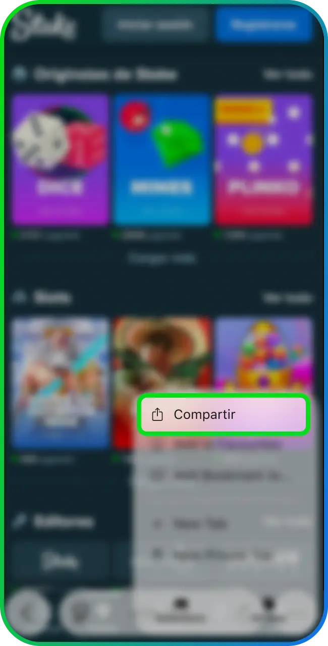 Pulsa compartir para instalar la App de Stake en tu dispositivo iOS.