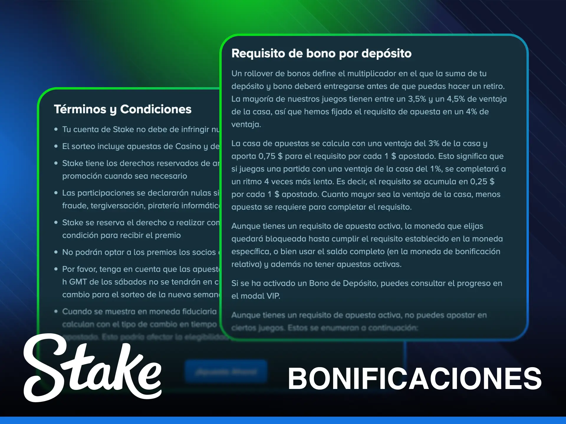 Revisa los datos clave y condiciones antes de activar un bono de Stake.