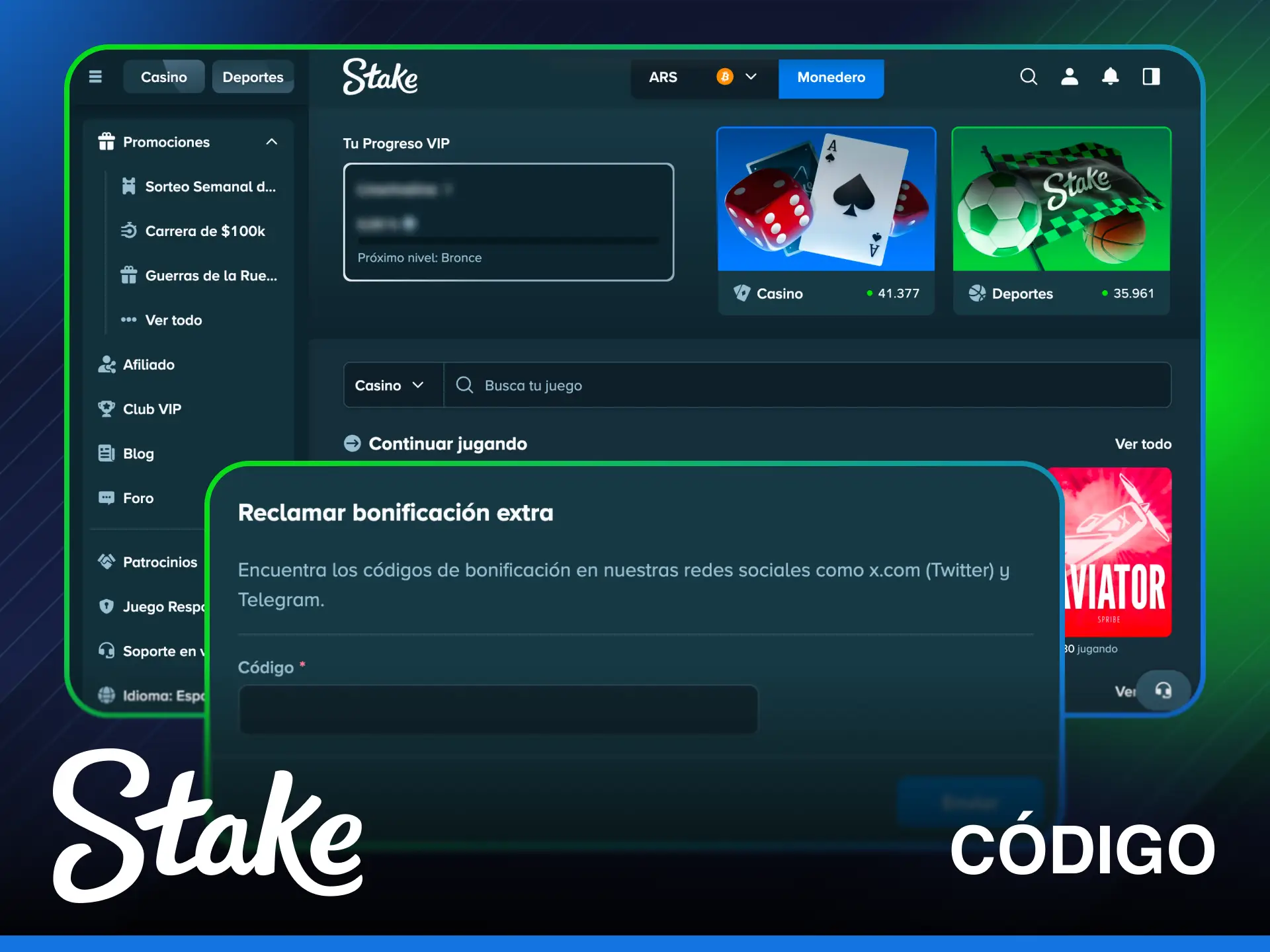 Utiliza el código de bonificación para desbloquear un bono de Stake exclusivo.