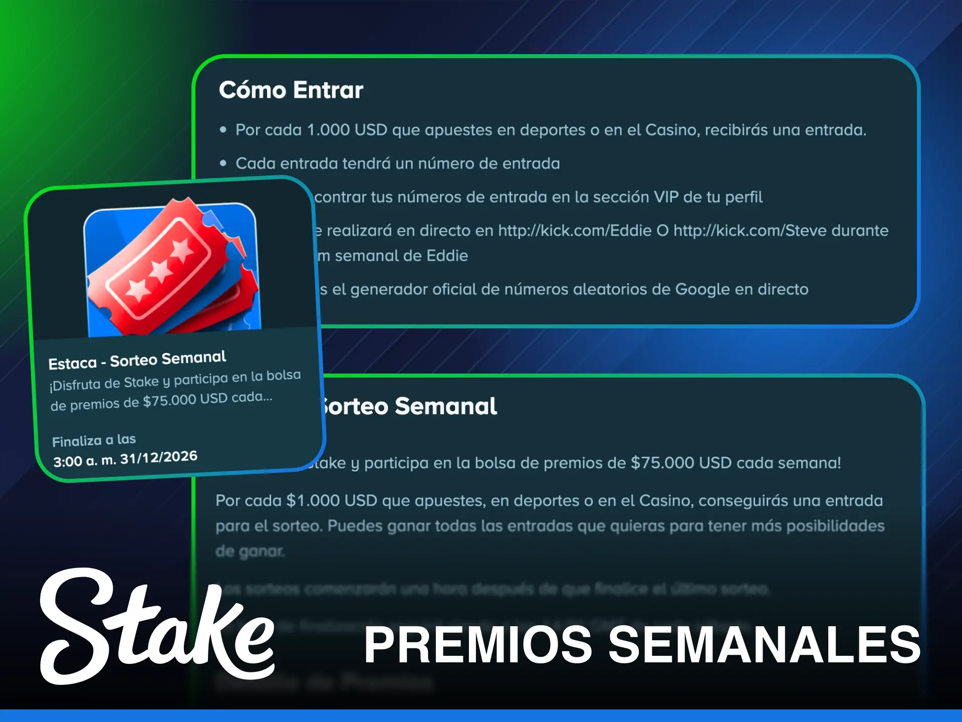 Gana premios semanales increíbles activando un bono de Stake en el casino.