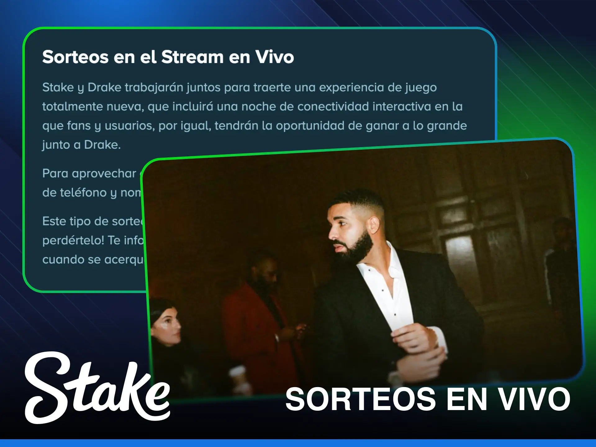 Participa en los sorteos en vivo junto a Drake en Stake ahora.