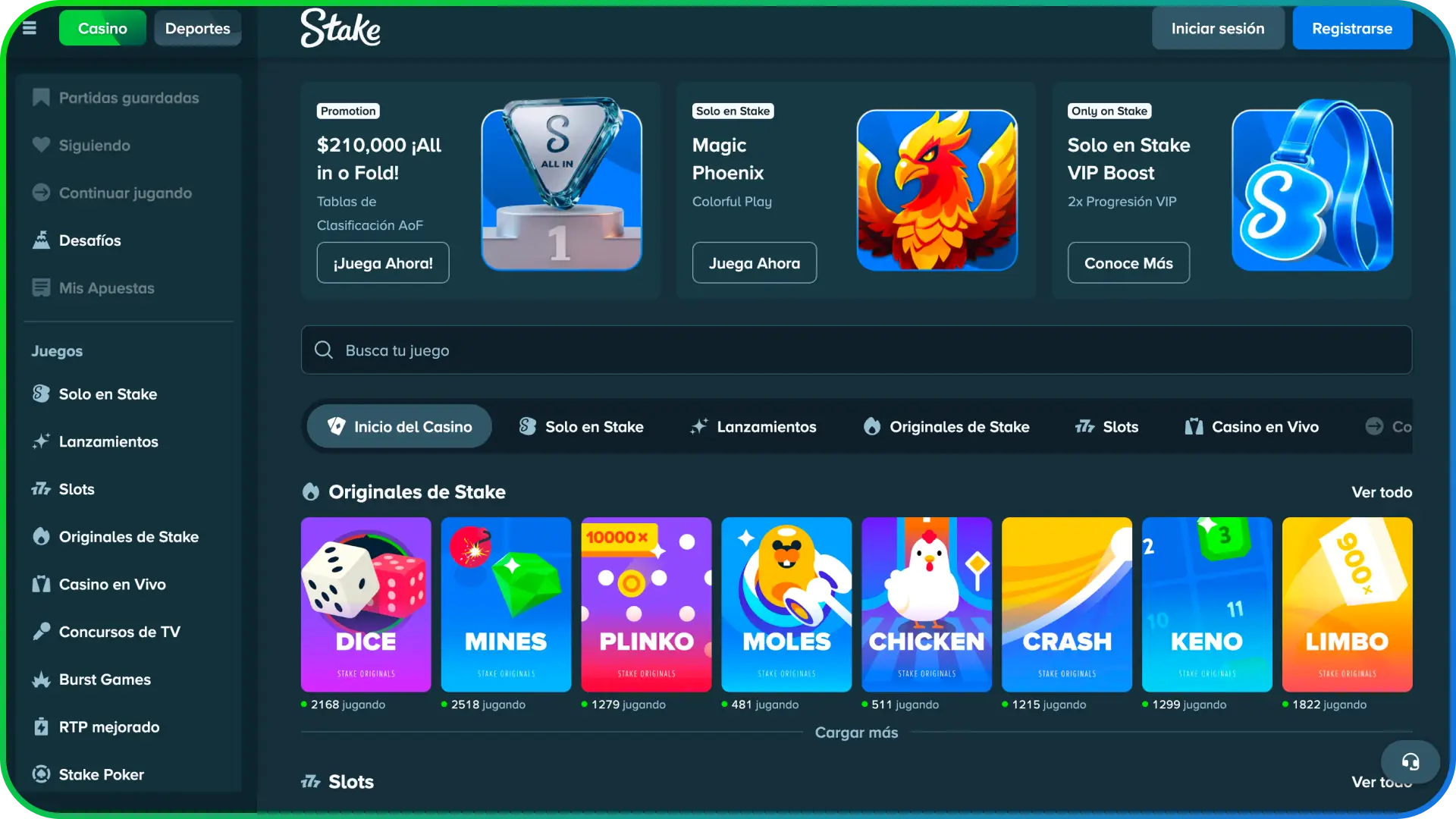 Juega ahora en la interfaz del sitio de apuestas de casino Stake.