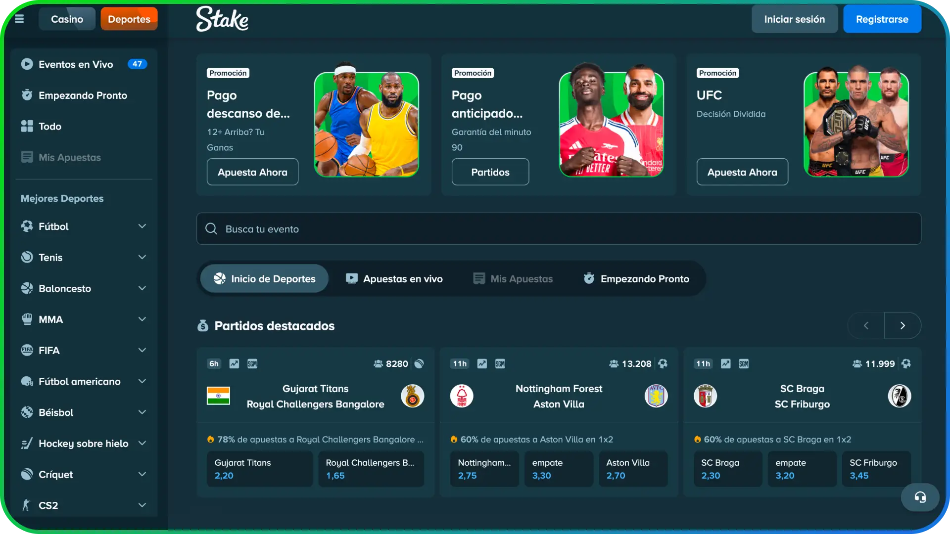 Realiza tus jugadas en la interfaz del sitio de apuestas deportivas Stake.