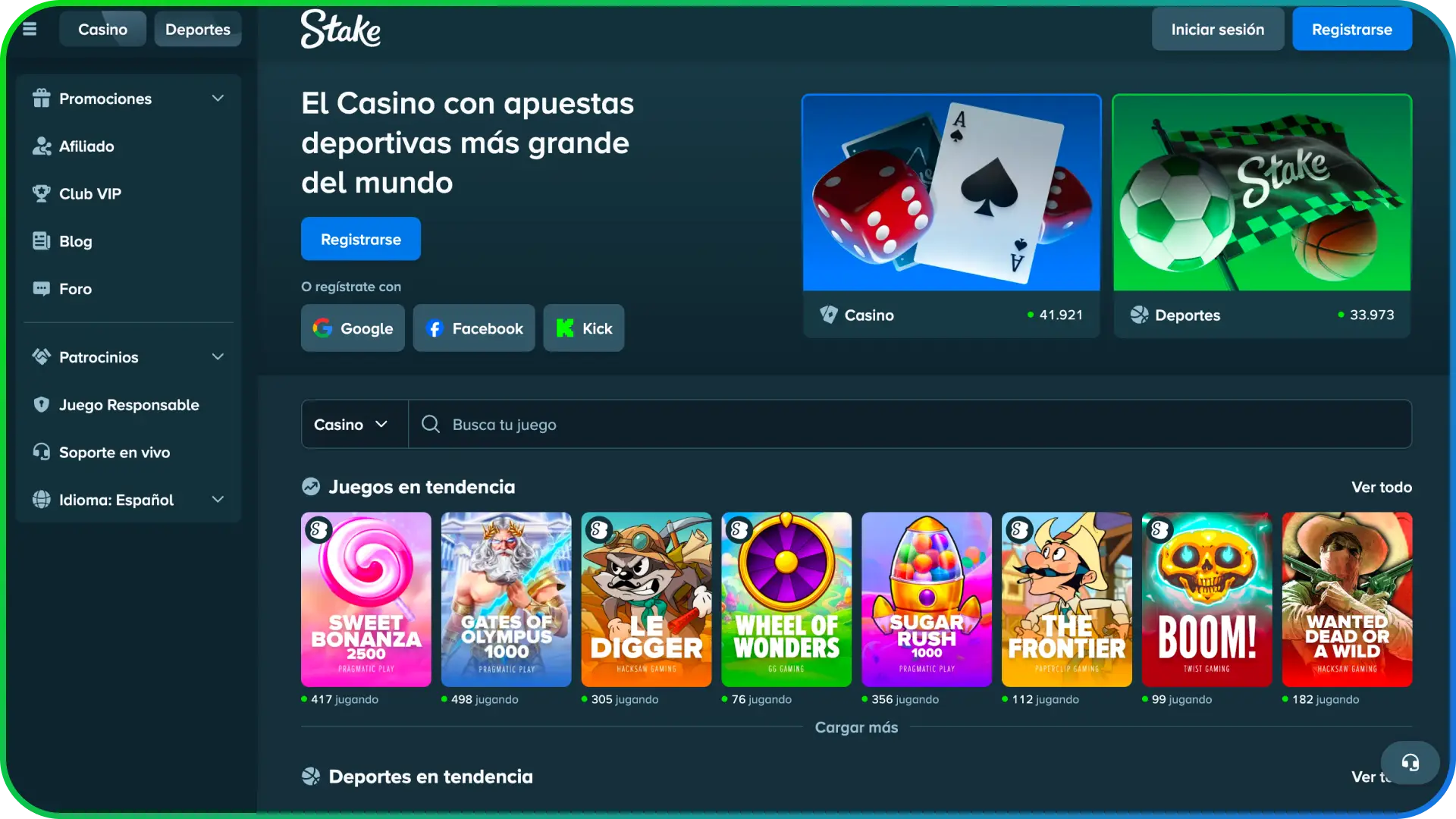 Explora la moderna Stake interfaz del sitio de apuestas en la página oficial.
