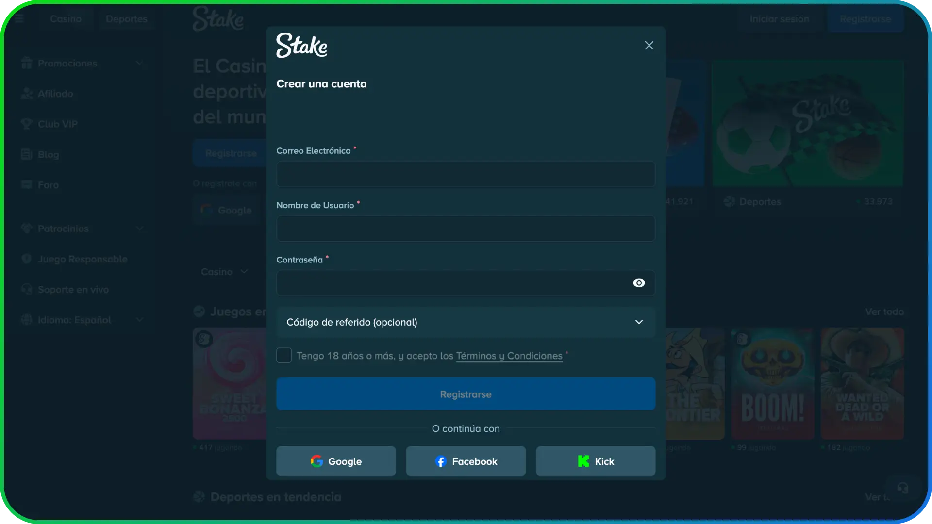 Crea tu cuenta mediante la Stake interfaz del sitio de apuestas de registro.