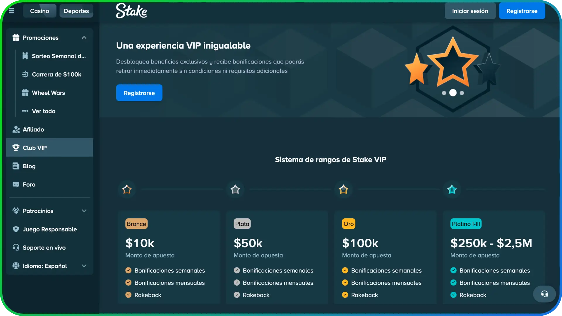 Accede a Stake beneficios exclusivos en la interfaz del sitio de apuestas VIP.